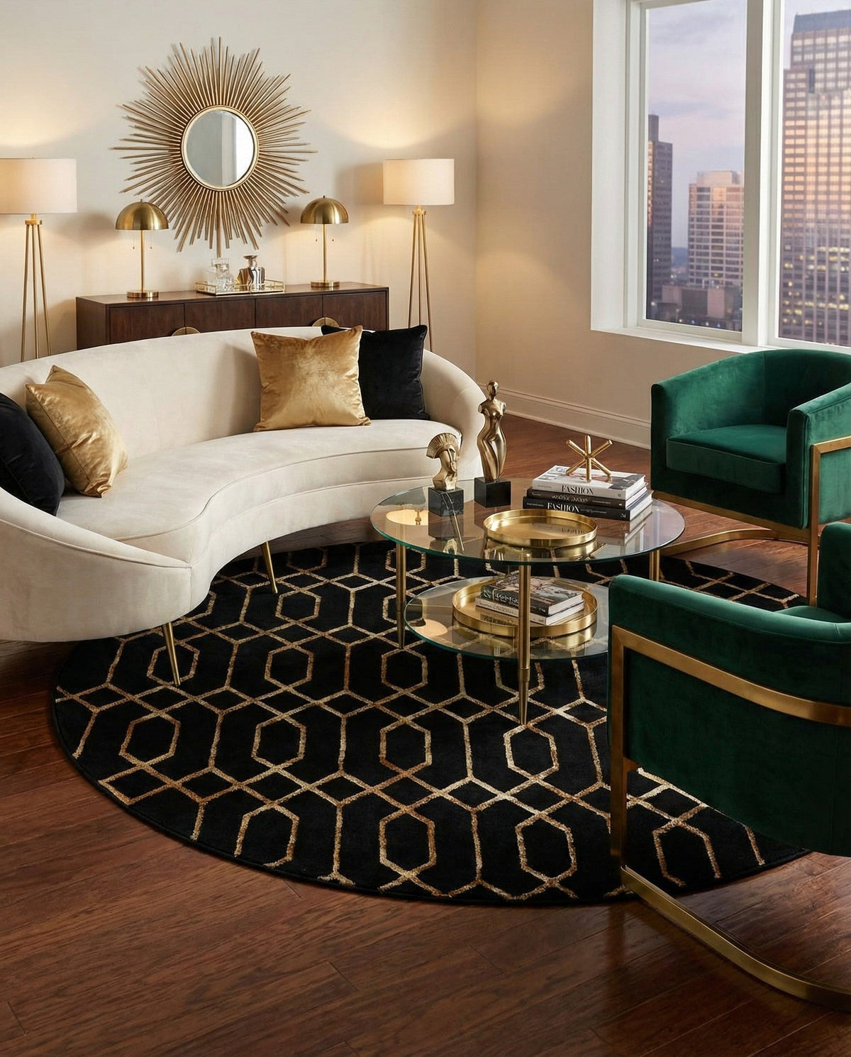 Hollywood Luxe Collection Area Rug - Sunset Round Black and Gold  lifestyle 216