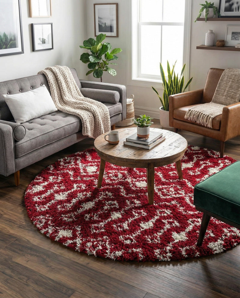 Berber Lattice Shag Collection Area Rug - Atlas (Burgundy Red) Round Burgundy Red  lifestyle 26