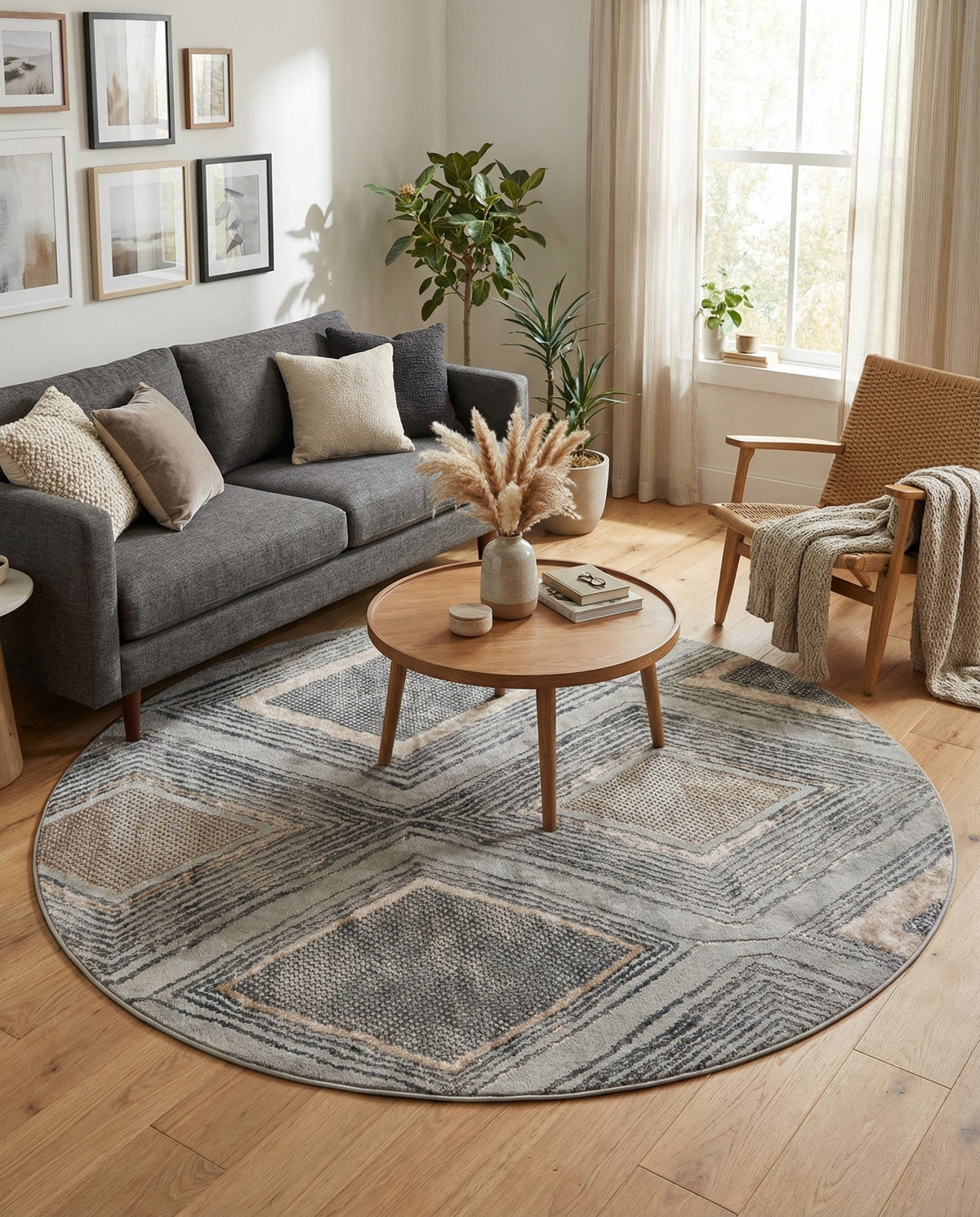 Aegean Elegance Collection Area Rug -  Rhodes Round Gray Cream  lifestyle 87