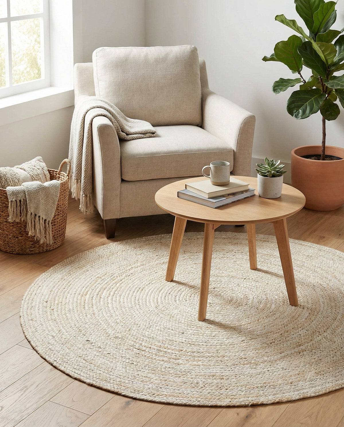 Woven Seaside Jute Collection Area Rug - Savannah (White) Round White  lifestyle 82
