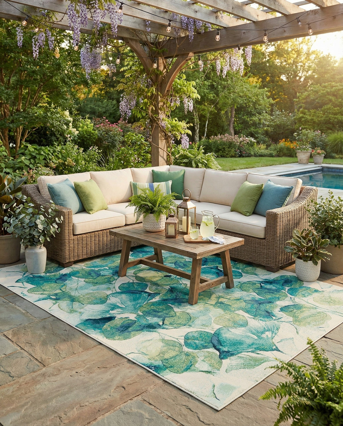 Seaside Blooms Collection Area Rug -  Flora Rectangle Blue Green  lifestyle 41