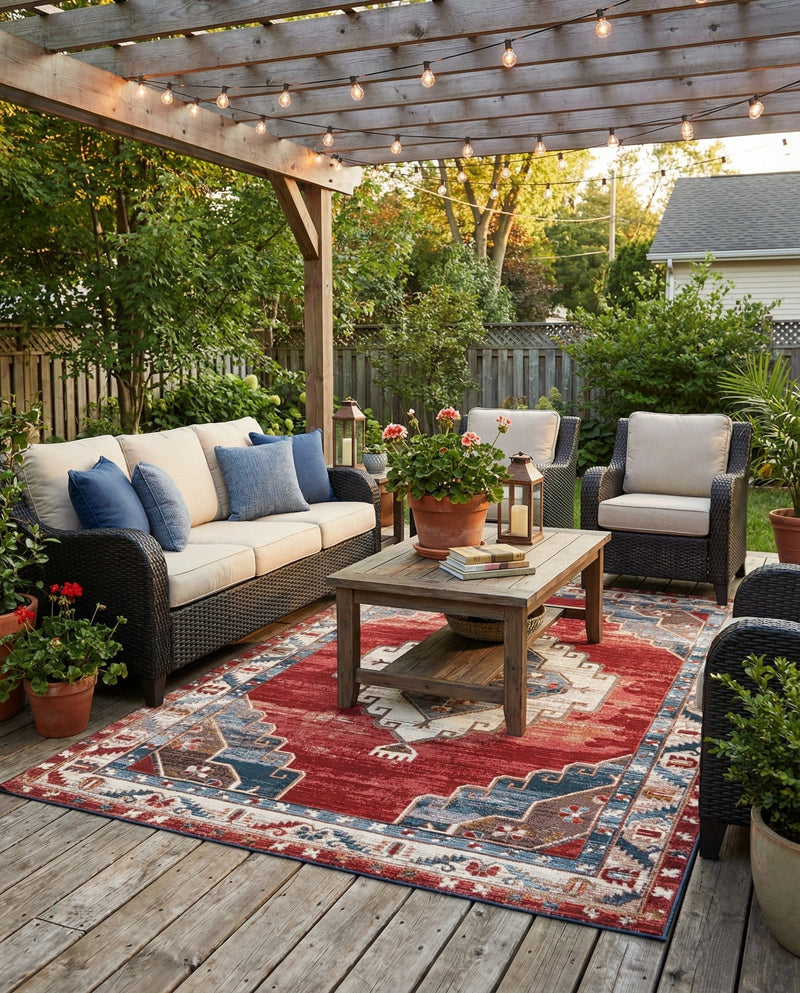 Patio Heritage Collection Area Rug -  Alcove Rectangle Red and Navy Blue  lifestyle 15