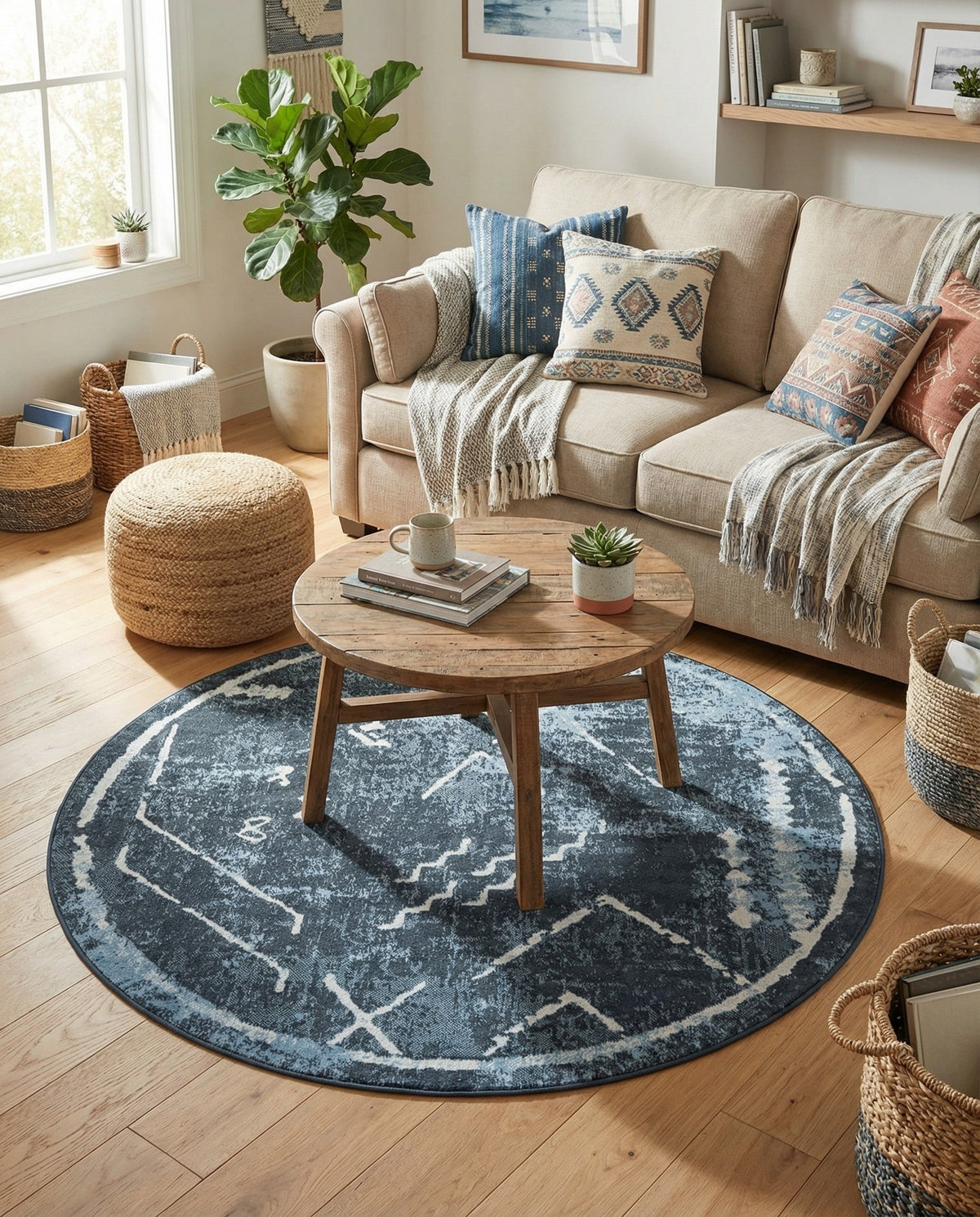 Aegean Elegance Washables Collection Area Rug - Santorini Round Navy Blue  lifestyle 131
