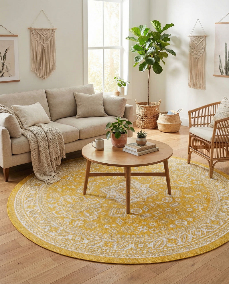 Tribal Terrace Treasures Collection Area Rug -  Incan Isle (Yellow) Round Yellow  lifestyle 59