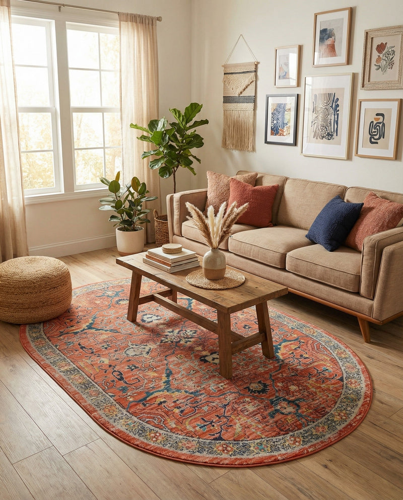 Seville Stripes Collection Area Rug -  Malaga (Brick Red) Oval Brick Red  lifestyle 76