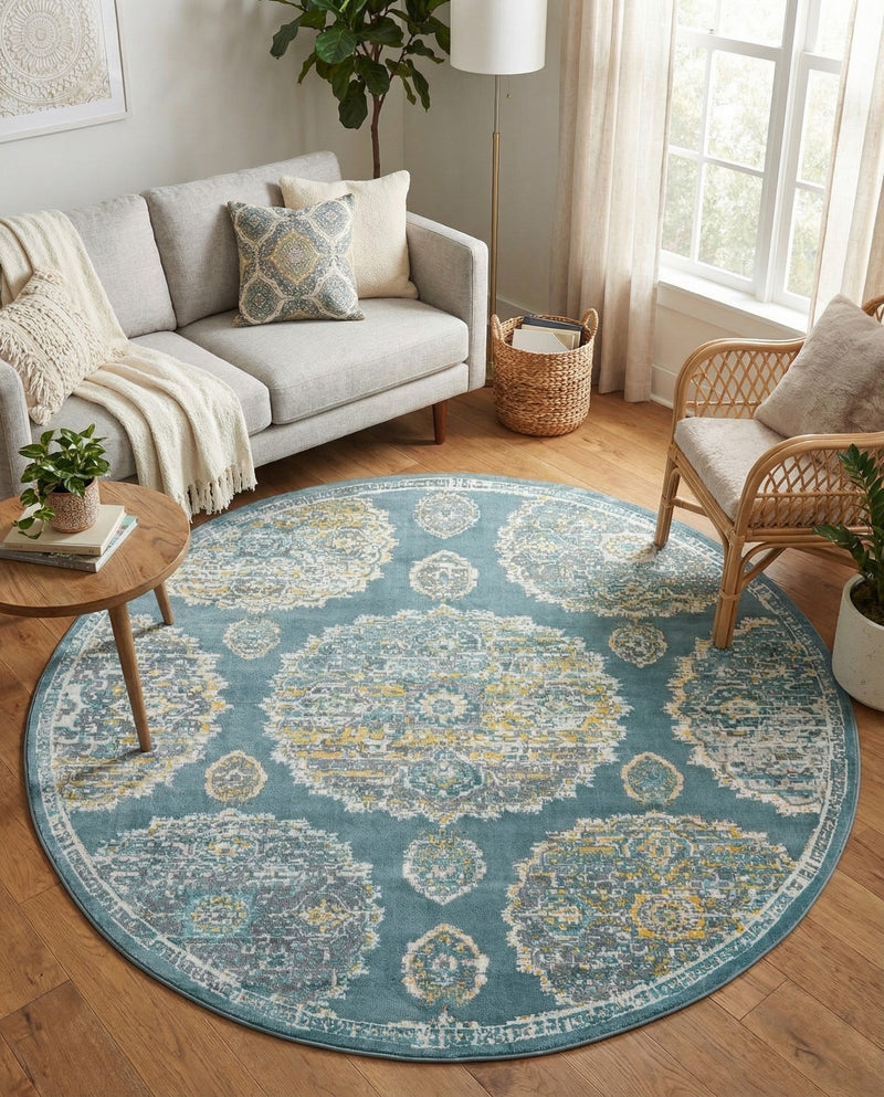 Arcadia Rugs Collection Area Rug -  Atlantis (Gray and Blue) Round Gray and Blue  lifestyle 53