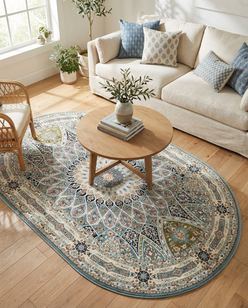 Persian Elegance Collection Area Rug -  Hamedan (Blue) Oval Blue  lifestyle 74