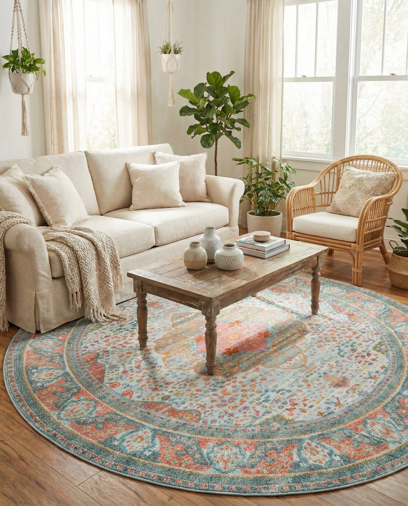 Caribbean Breeze Collection Area Rug -  Floriana Round Light Blue  lifestyle 72