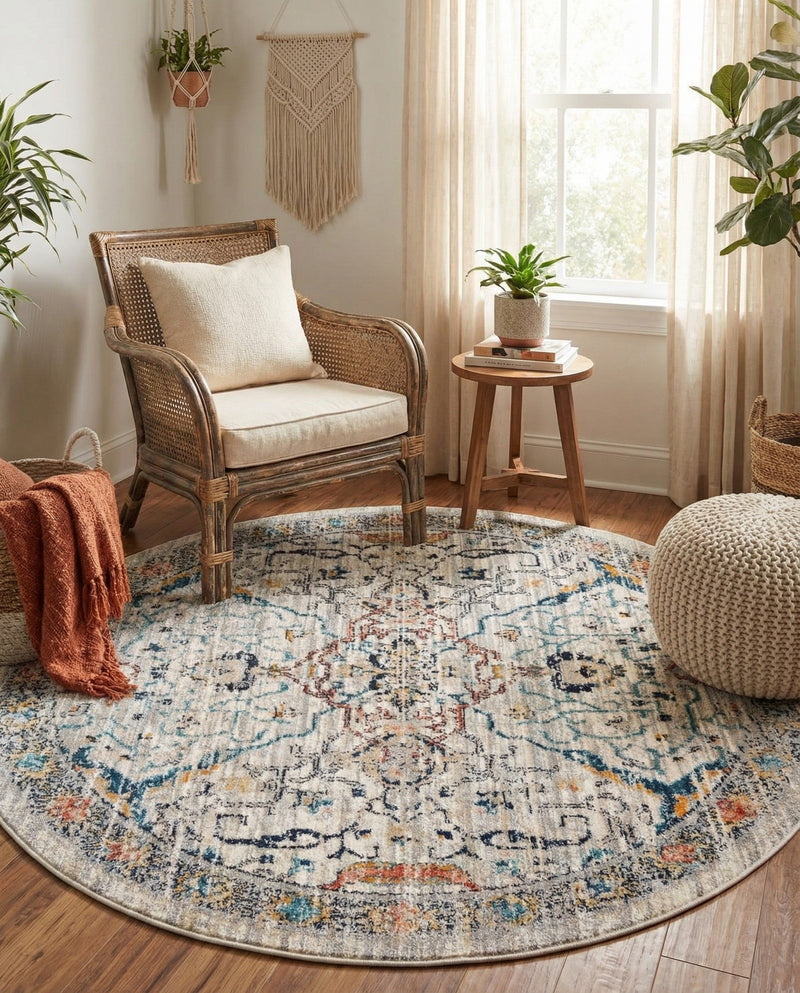 Seville Stripes Collection Area Rug -  Malaga (Ivory) Round Ivory  lifestyle 77