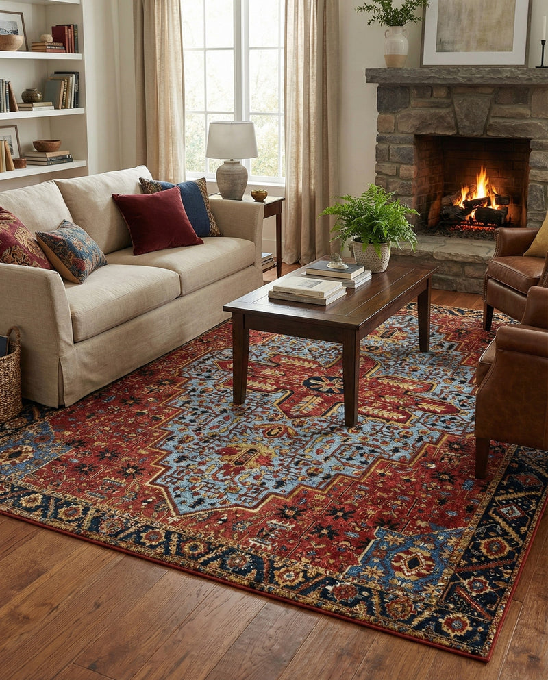 Patio Heritage Collection Area Rug -  Garden Rectangle Rust Red and Blue  lifestyle 39