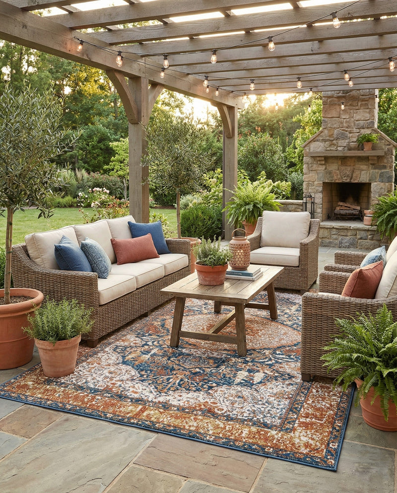 Patio Heritage Collection Area Rug -  Courtyard Rectangle Navy Blue and Light Pink  lifestyle 17