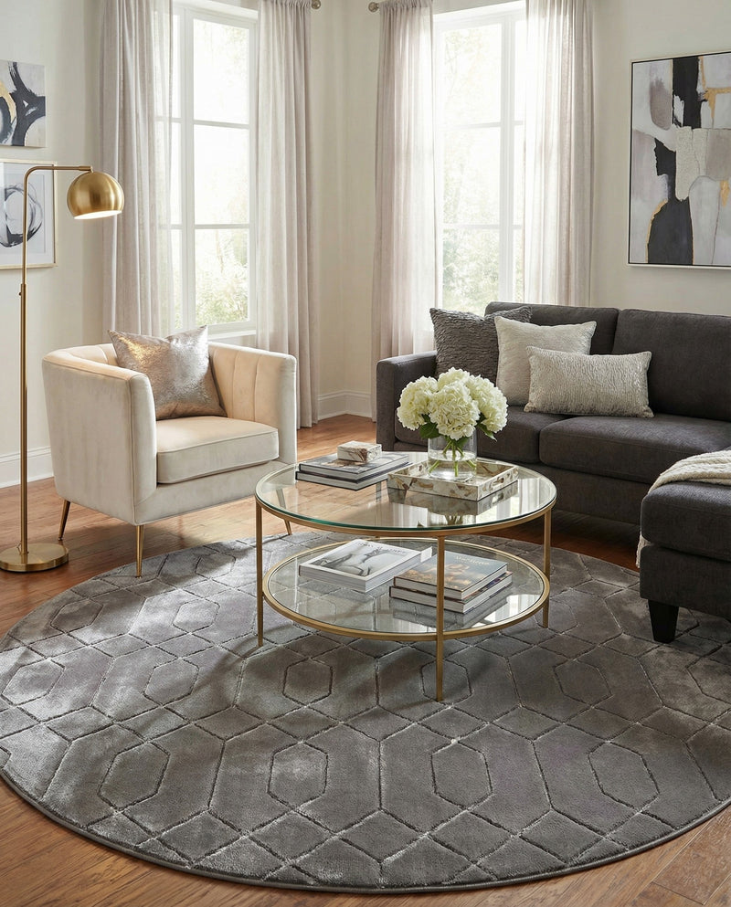 Hollywood Luxe Collection Area Rug - Sunset (Gray Silver) Round Gray Silver  lifestyle 52