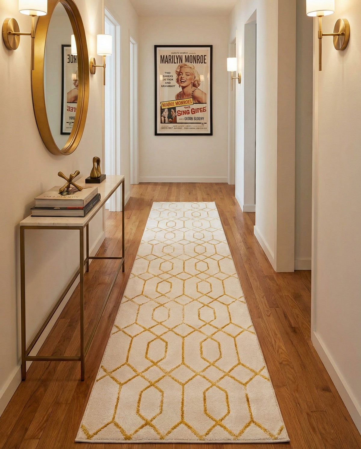 Hollywood Luxe Collection Area Rug - Sunset Runner White and Gold  lifestyle 218