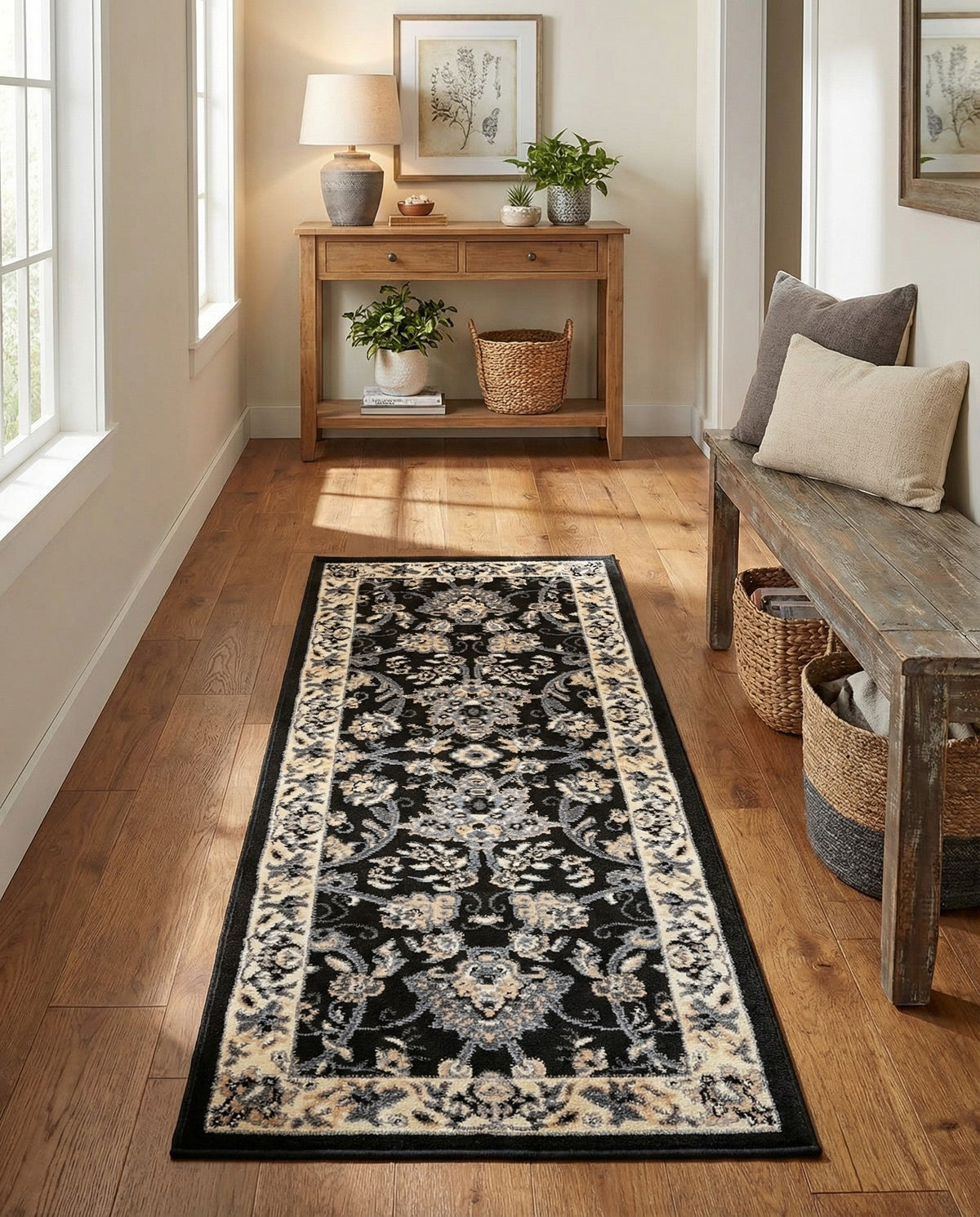 Isfahan Elegance Collection Area Rug - Naghsh-e Jahan (Black) Runner Black  lifestyle 112