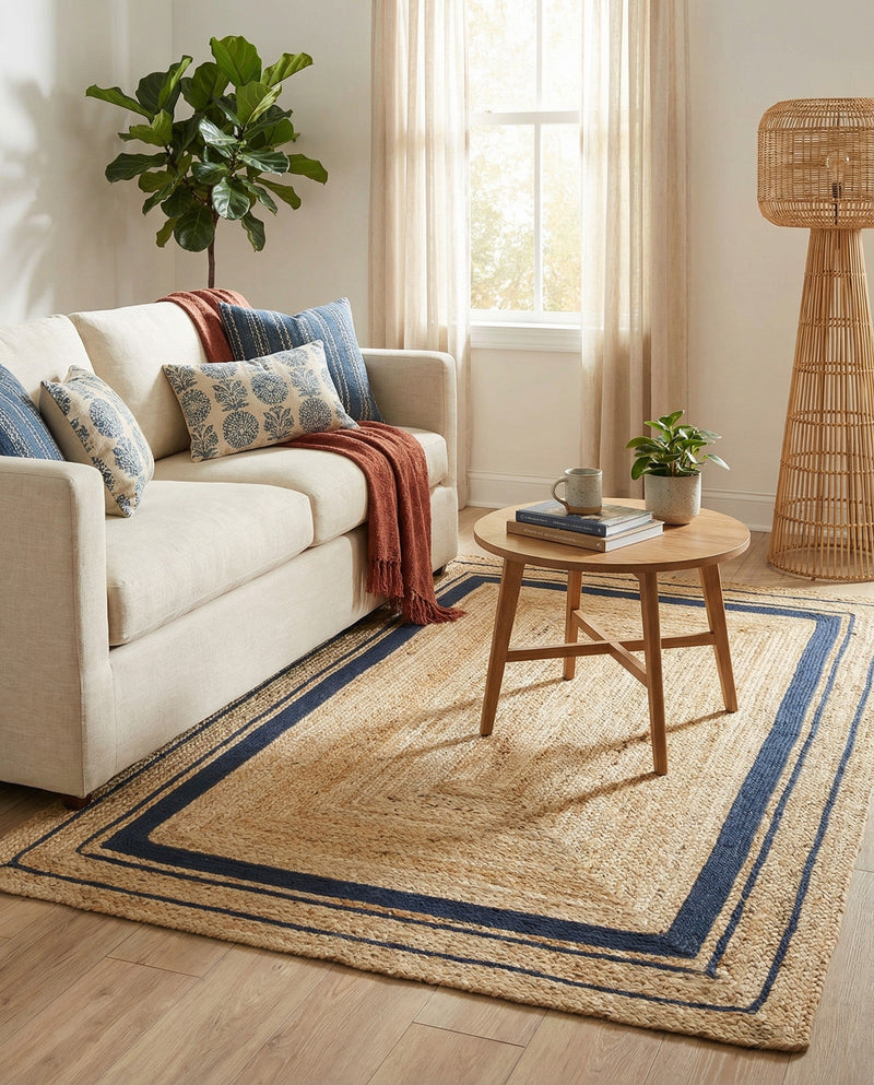 Woven Seaside Jute Collection Area Rug - Nantucket Rectangle Natural and Navy Blue  lifestyle 12