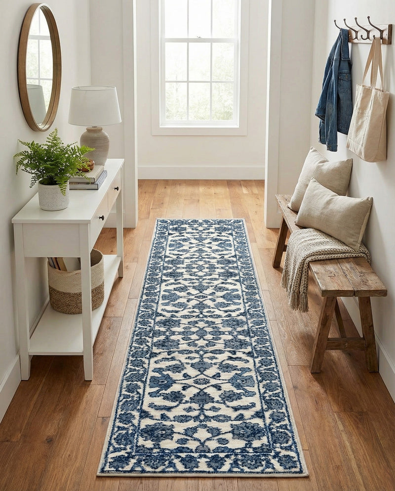 Charleston Elegance Collection Area Rug -  Seaport (White Blue) Runner White Blue  lifestyle 40