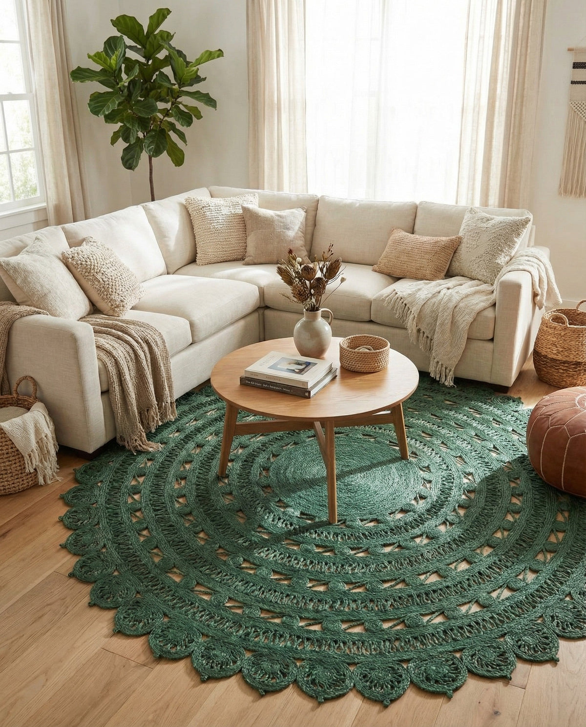 Woven Seaside Jute Collection Area Rug - Coastalhaven (Hunter Green) Round Hunter Green  lifestyle 12