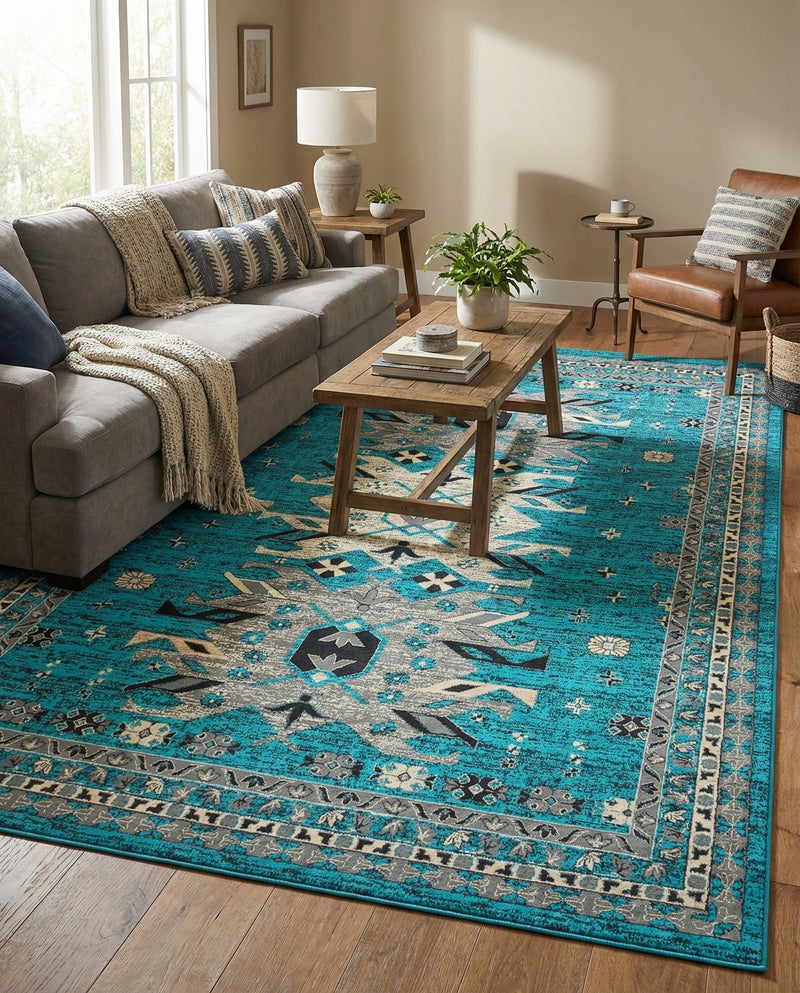 Tabriz Tapestries Collection Area Rug - Azerbaijan (Turquoise) Rectangle Turquoise  lifestyle 3