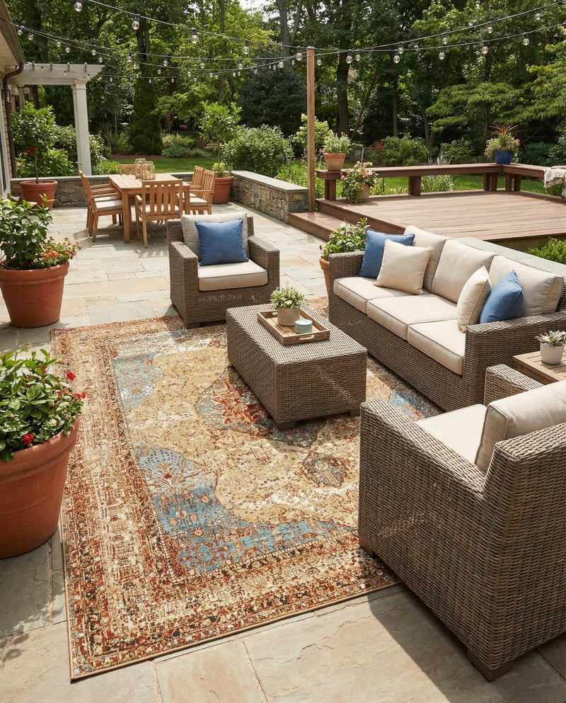 Patio Heritage Collection Area Rug -  Pergola Rectangle Blue and Light Brown  lifestyle 33