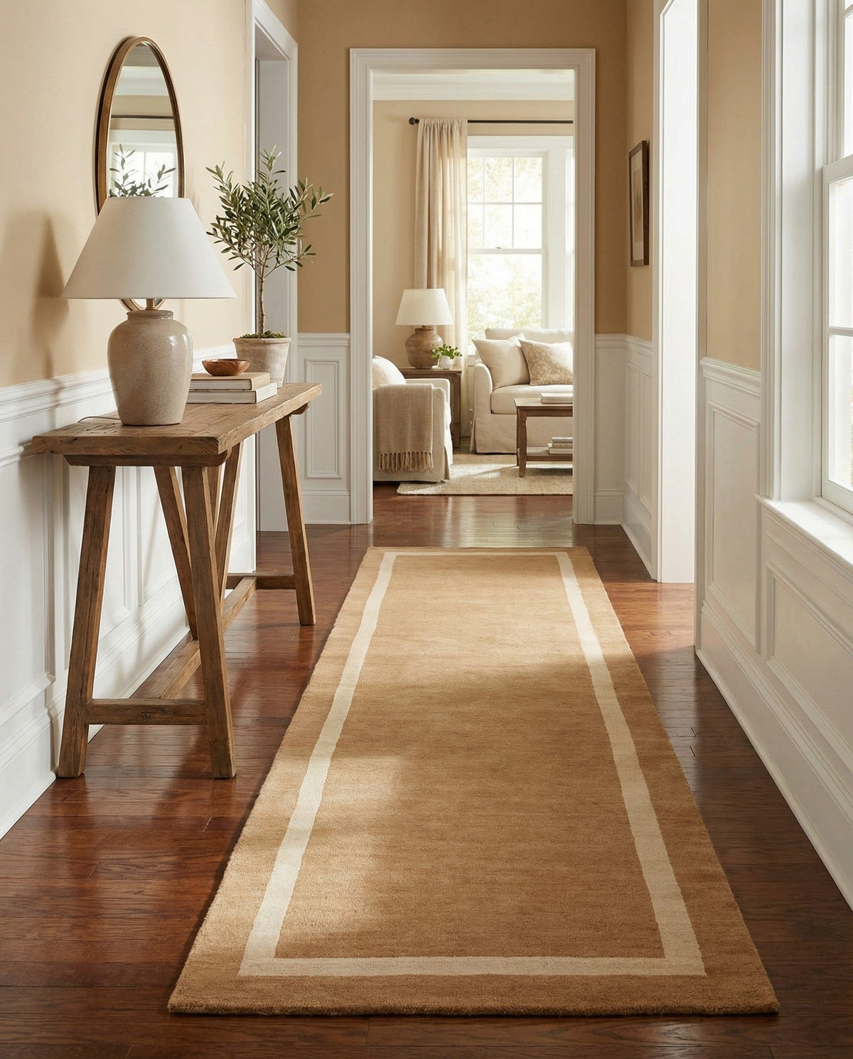Savannah Borders Wool Collection Area Rug - Chatham Runner Latte Brown  lifestyle 56