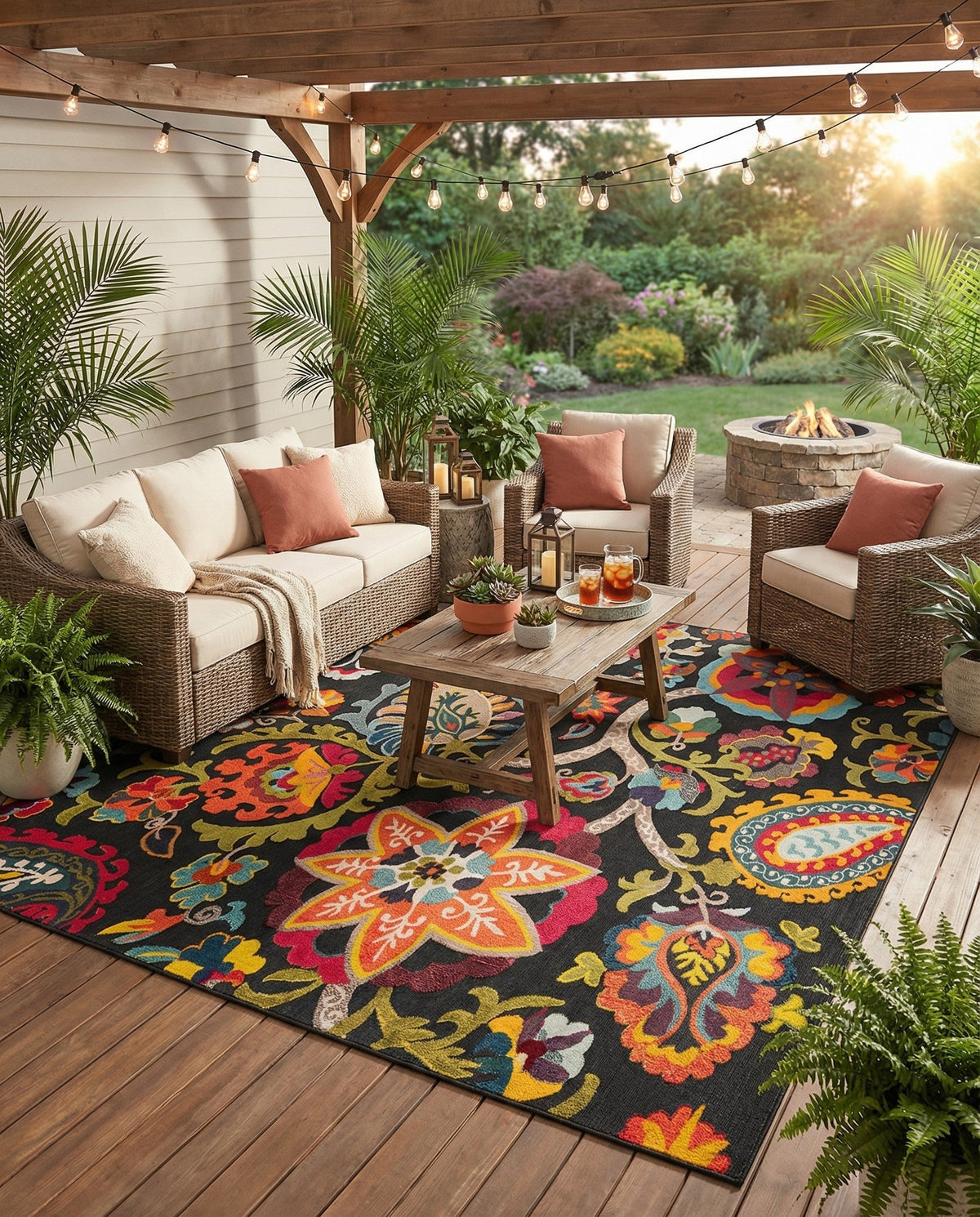 Outdoor Marrakesh Collection Area Rug - Fes Square Multi Black  lifestyle 157