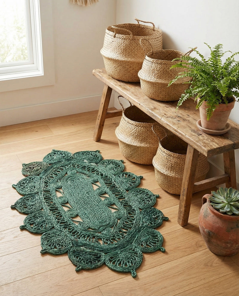 Woven Seaside Jute Collection Area Rug - Coastalhaven (Hunter Green) Oval Hunter Green  lifestyle 13