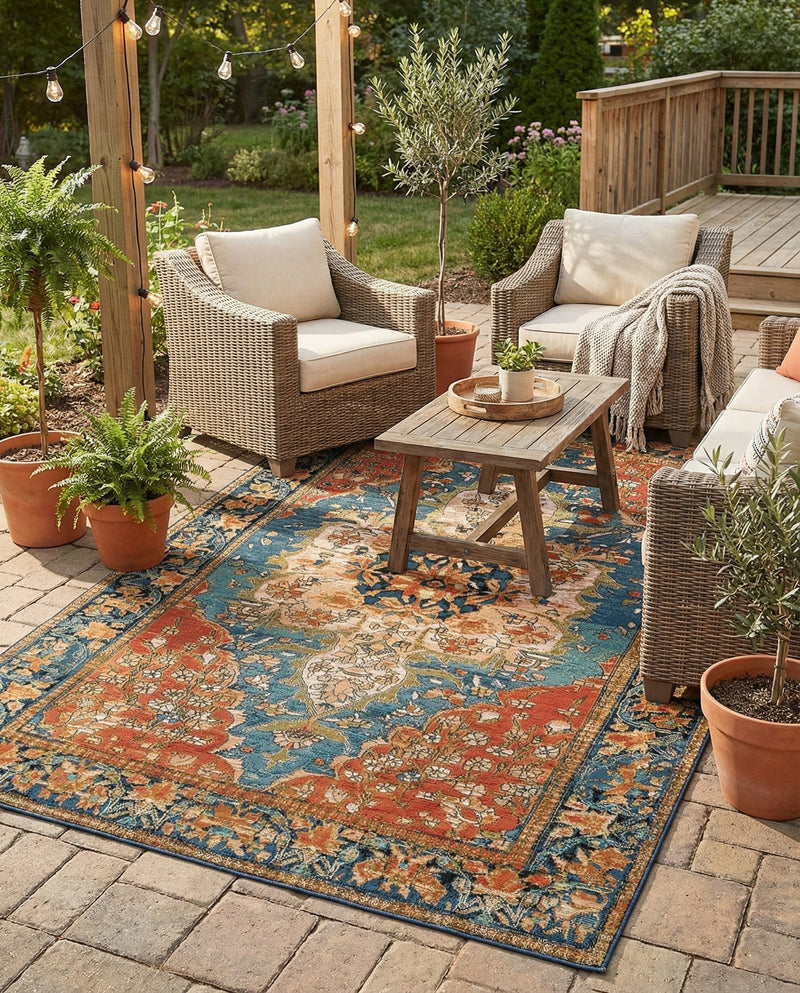 Patio Heritage Collection Area Rug -  Grove Rectangle Navy Blue and Rust Red  lifestyle 12