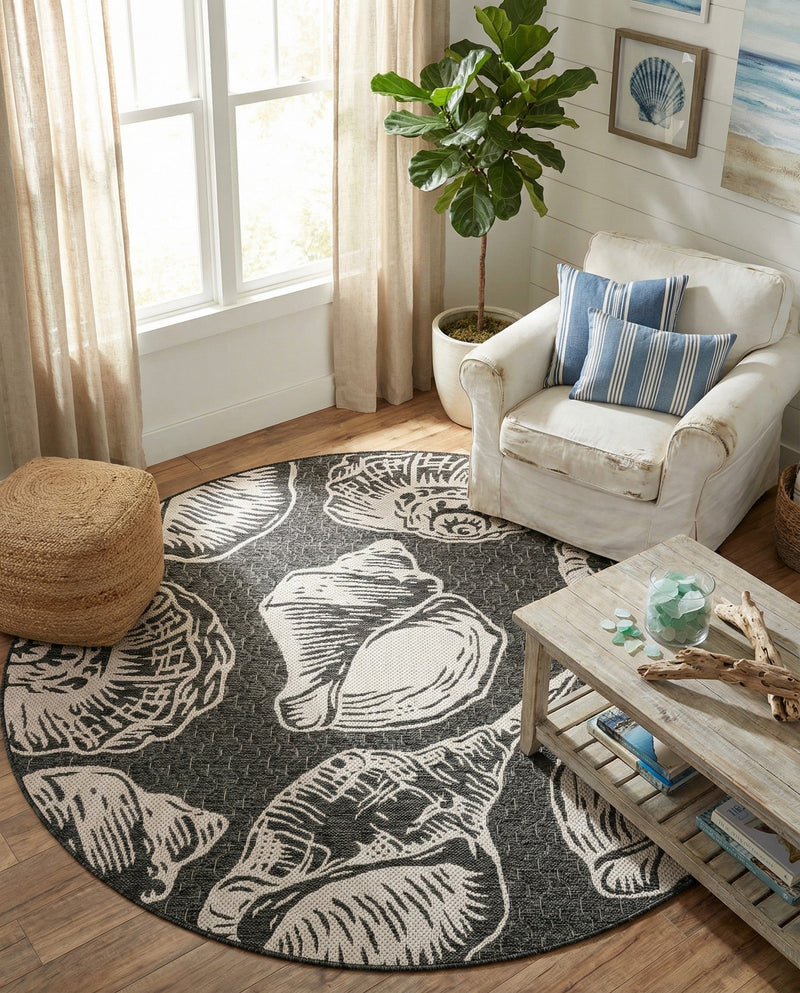 Seaside Haven Rugs Collection Area Rug -  Lighthouse (Black and White) Round Black and White  lifestyle 70