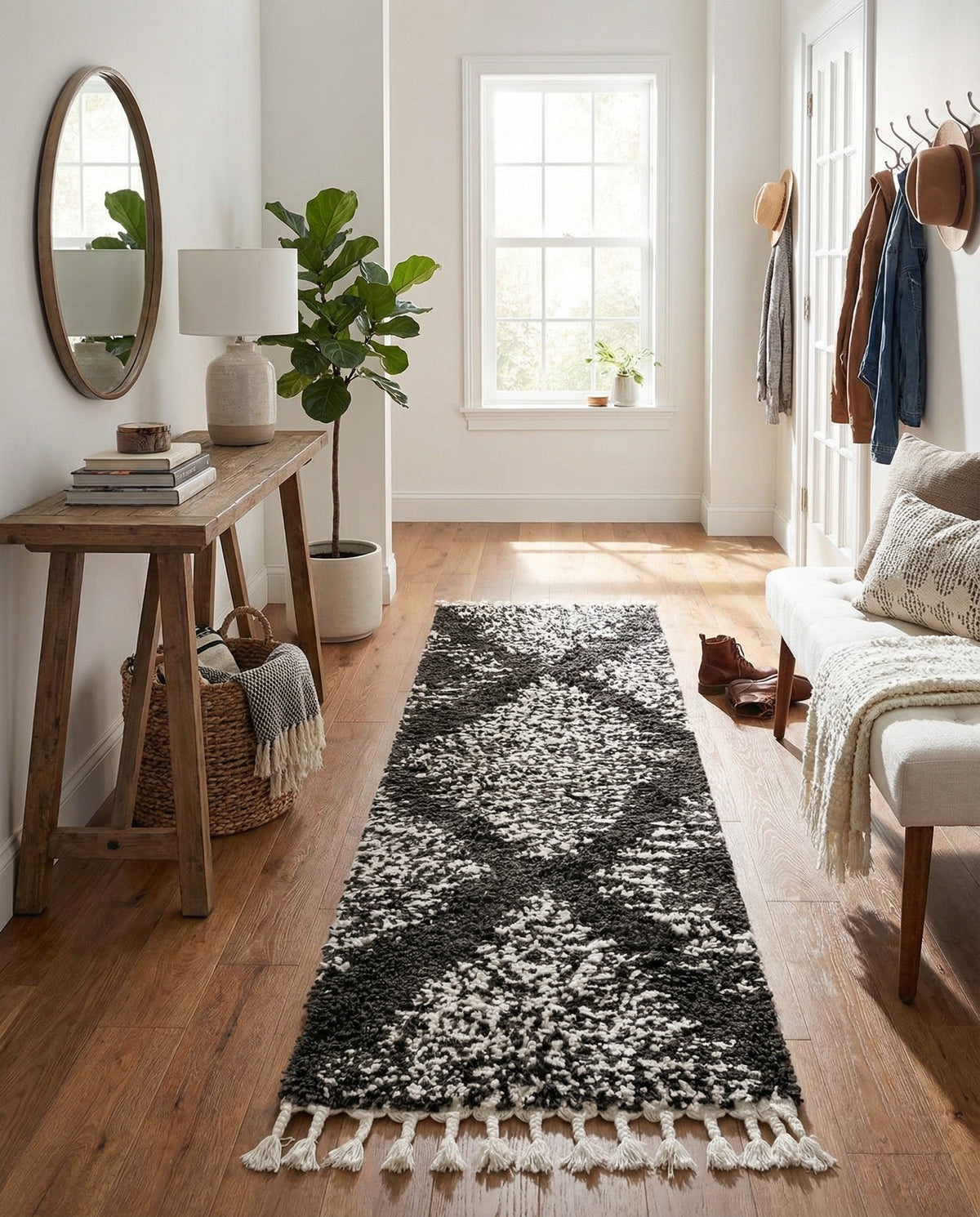 Tranquil Tides Shag Collection Area Rug -  Azure Runner Black and White  lifestyle 102