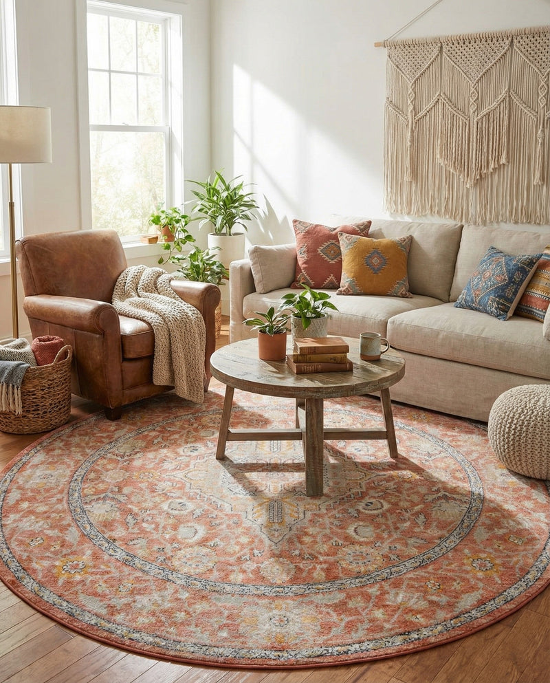 Seville Stripes Collection Area Rug - Cadiz (Brick Red) Round Brick Red  lifestyle 23