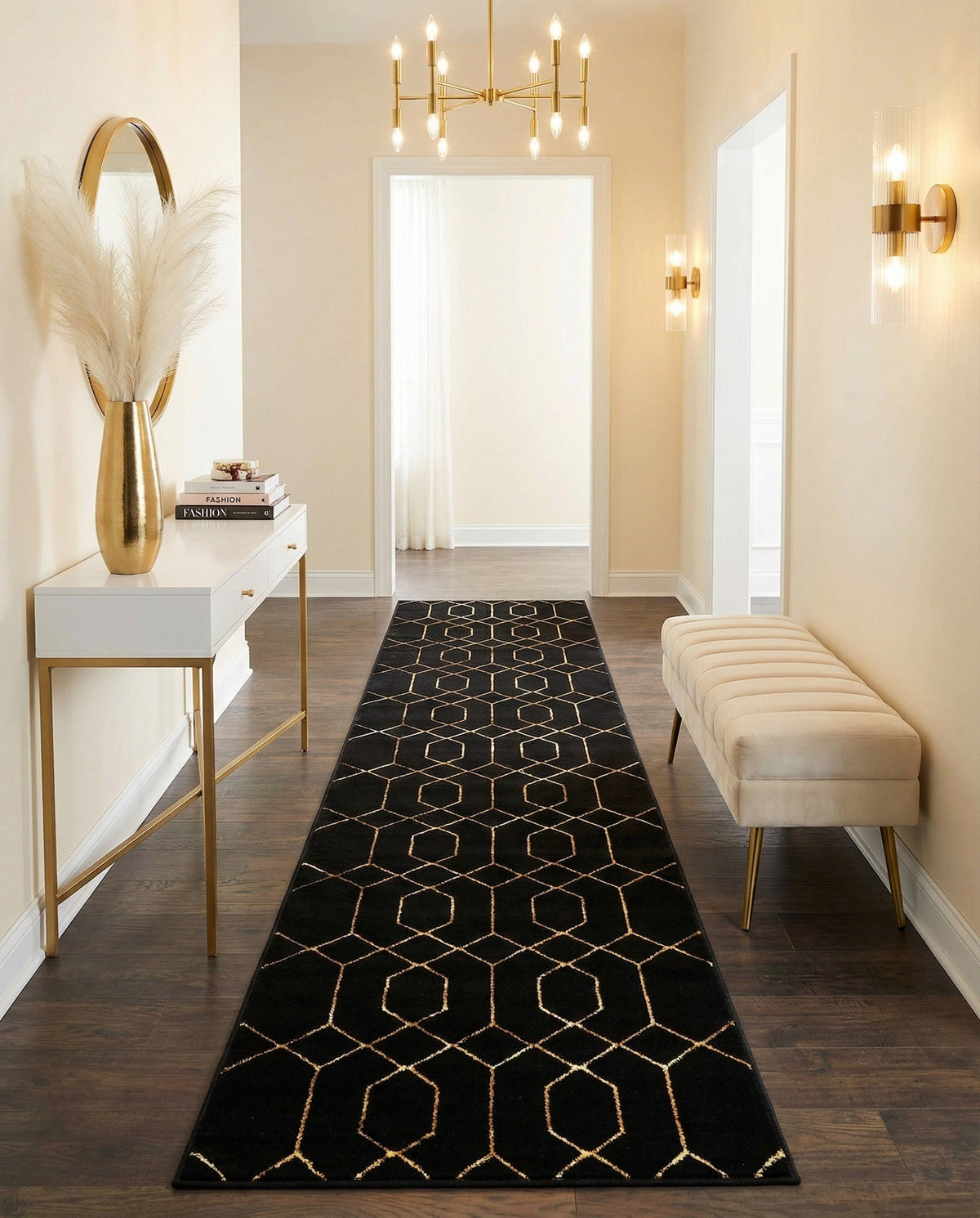 Hollywood Luxe Collection Area Rug - Sunset Runner Black and Gold  lifestyle 220