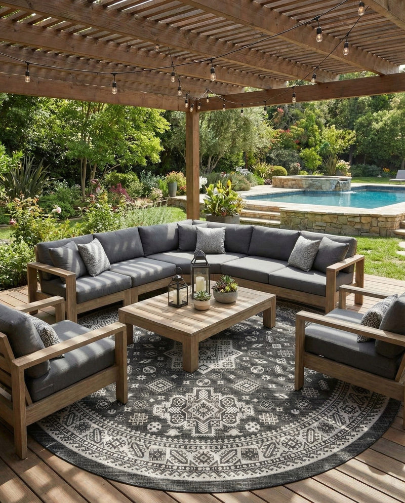 Tribal Terrace Treasures Collection Area Rug -  Incan Isle (Charcoal Gray) Round Charcoal Gray  lifestyle 41