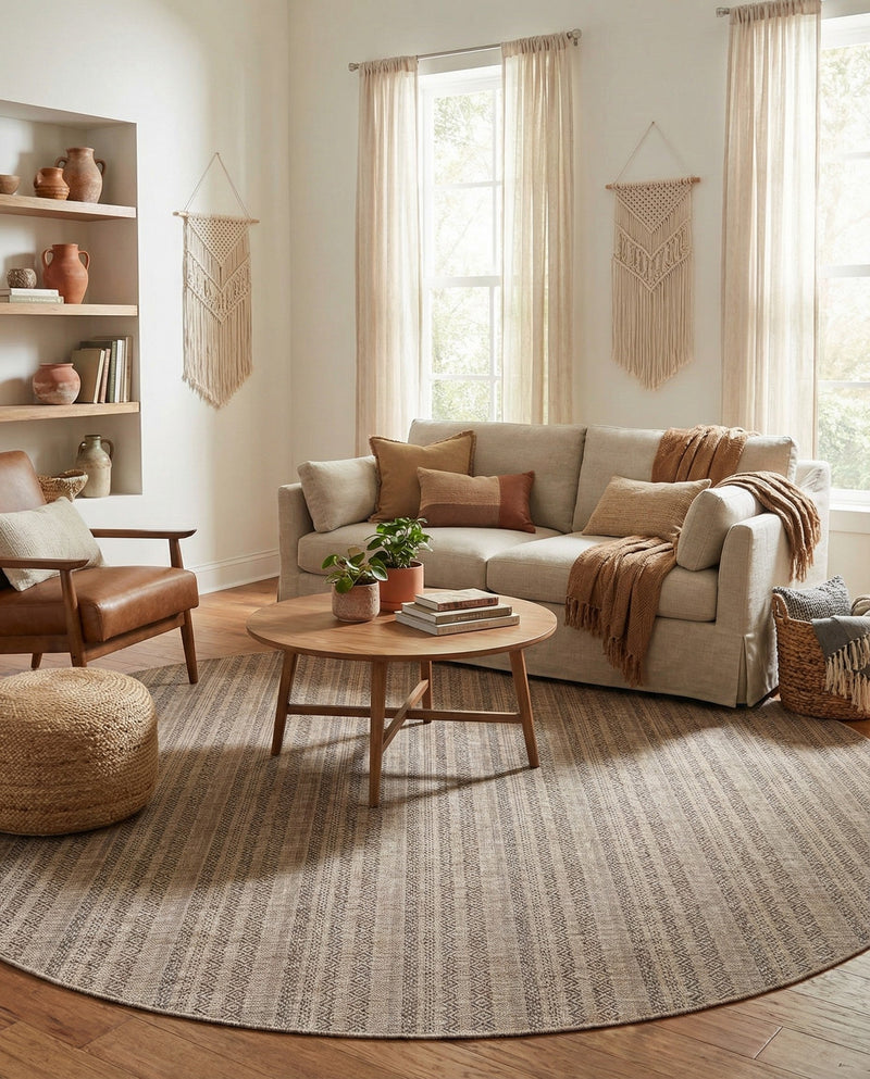 Seaside Stripes Collection Area Rug -  Boardwalk (Natural) Round Natural  lifestyle 20