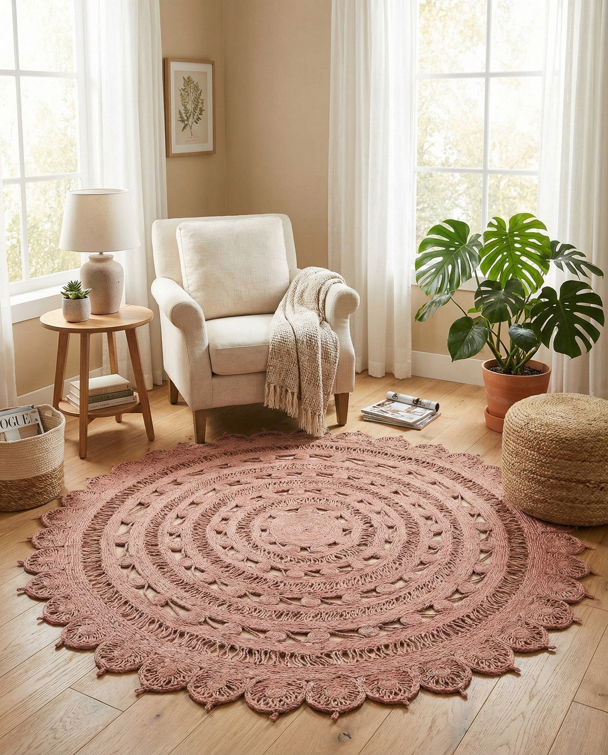 Woven Seaside Jute Collection Area Rug - Coastalhaven (Pink) Round Pink  lifestyle 33
