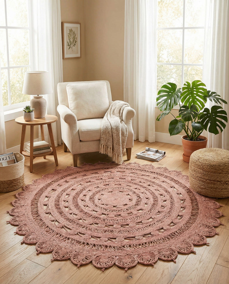 Woven Seaside Jute Collection Area Rug - Coastalhaven (Pink) Round Pink  lifestyle 33