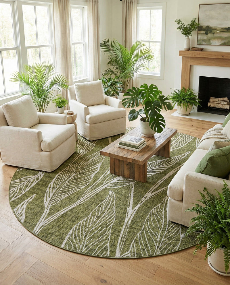 Seaside Blooms Collection Area Rug -  Evergreen (Green) Round Green  lifestyle 58