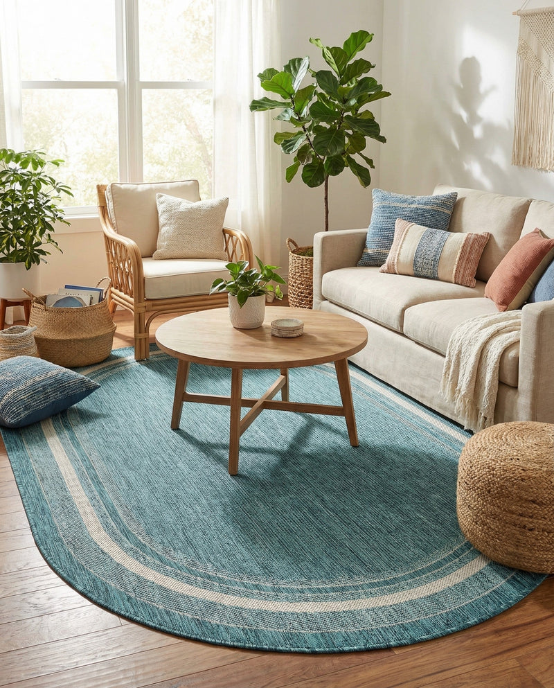 Terrace Fringe Collection Area Rug - Veranda (Teal) Oval Teal  lifestyle 81