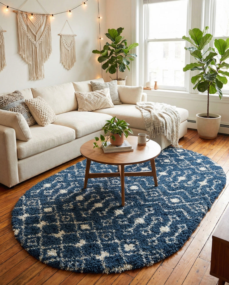 Berber Lattice Shag Collection Area Rug - Atlas (Navy Blue) Oval Navy Blue  lifestyle 32