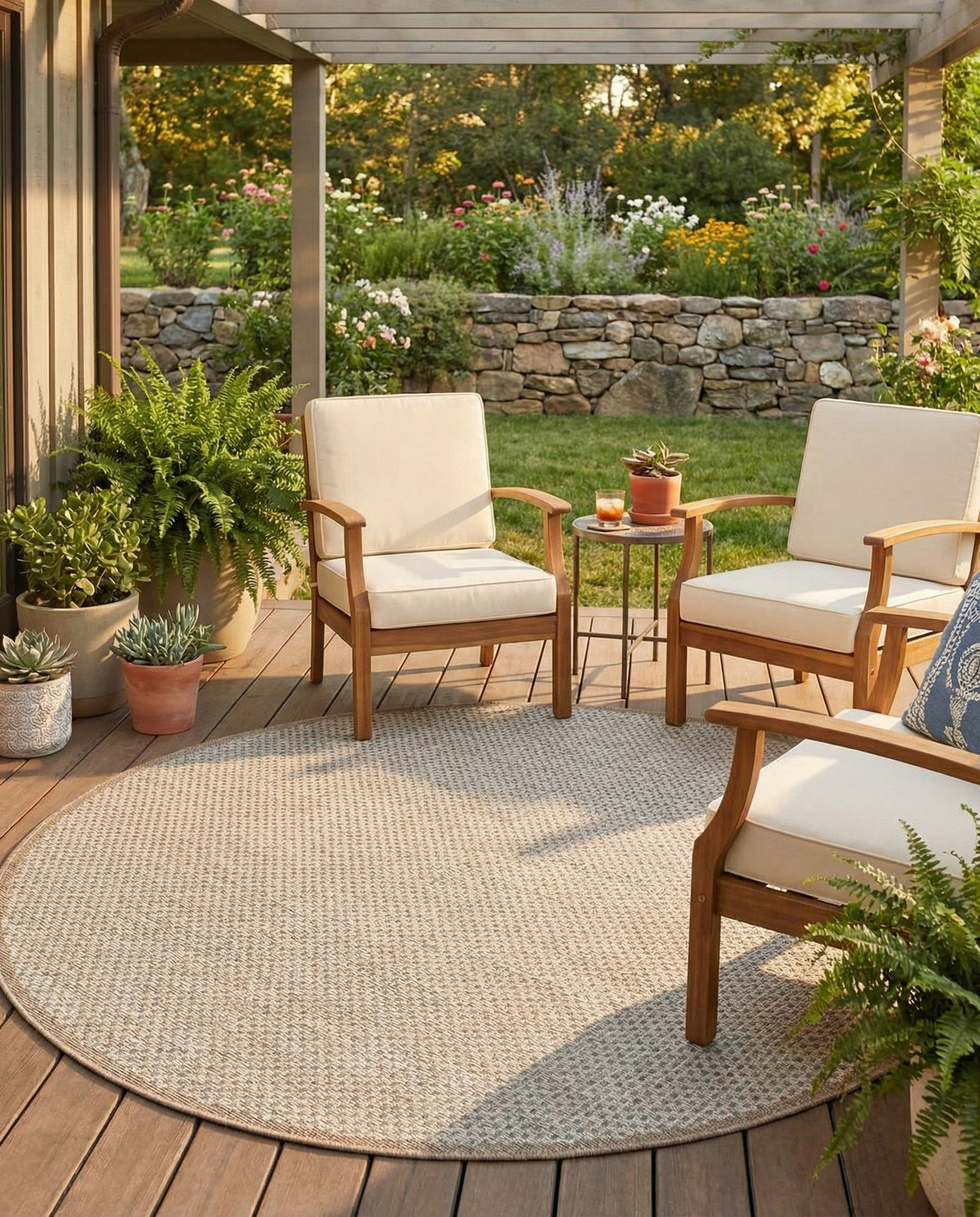 Terrace Fringe Collection Area Rug - Patio Round Beige  lifestyle 108