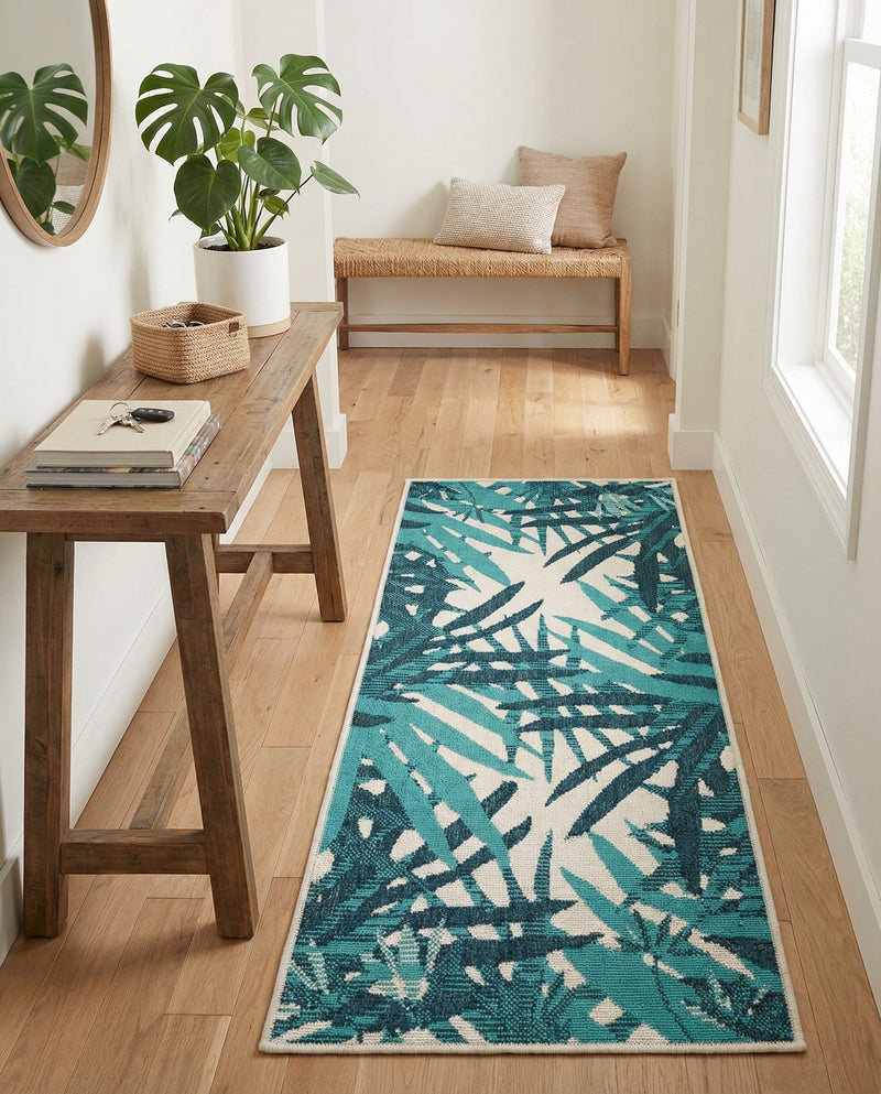 Seaside Blooms Collection Area Rug -  Provence Runner Teal blue  lifestyle 55