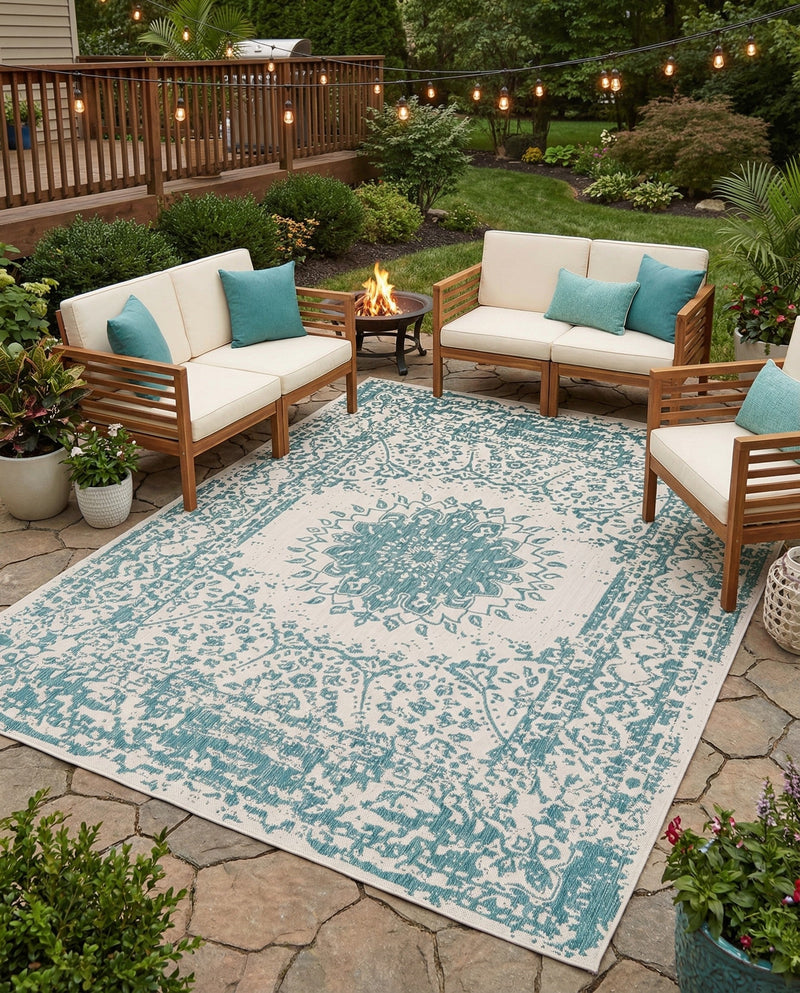 Patio Heritage Collection Area Rug -  Lafayette (Aqua) Rectangle Aqua  lifestyle 27