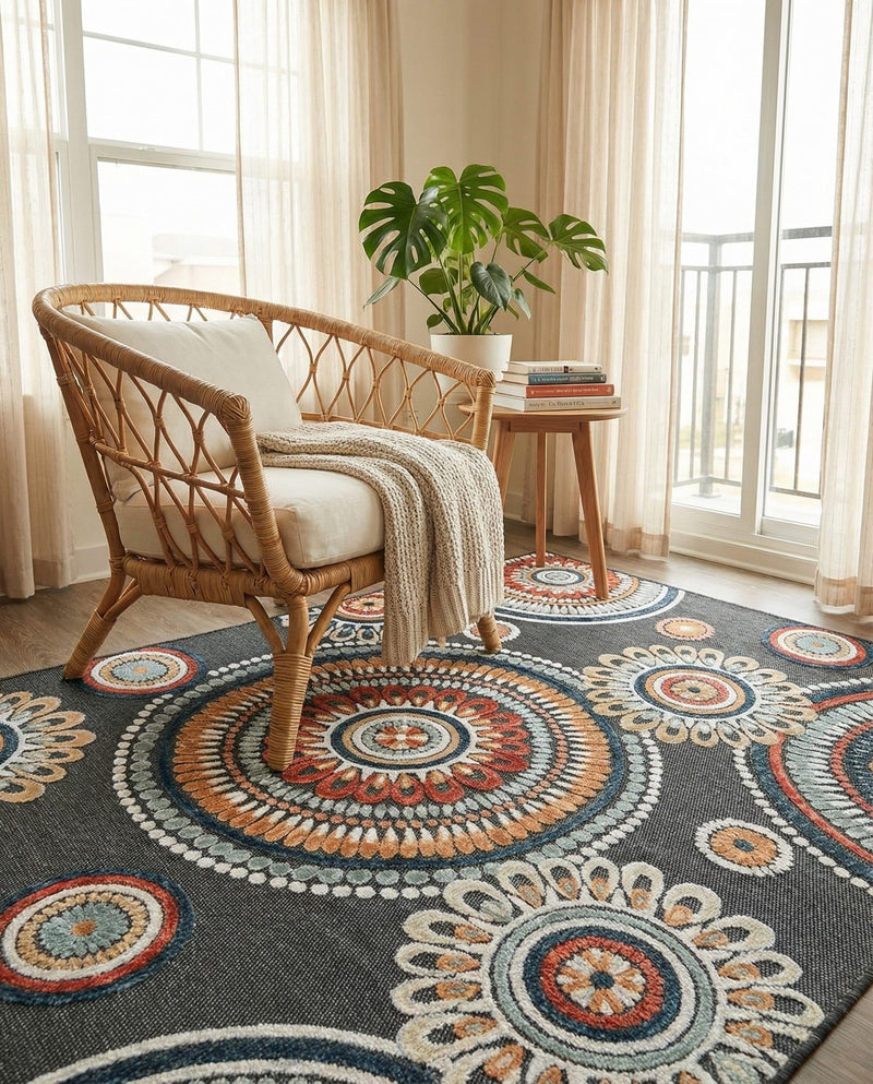 Seaside Blooms Collection Area Rug -  Eden Rectangle Black  lifestyle 12