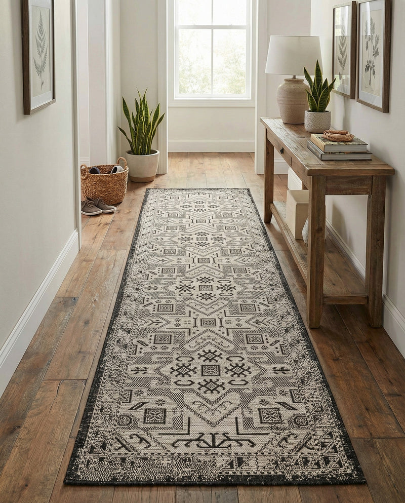 Tribal Terrace Treasures Collection Area Rug - Mayan Marina (Charcoal Gray) Runner Charcoal Gray  lifestyle 68