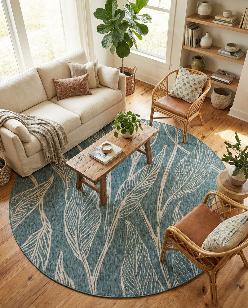 Seaside Blooms Collection Area Rug -  Evergreen (Teal) Round Teal  lifestyle 46