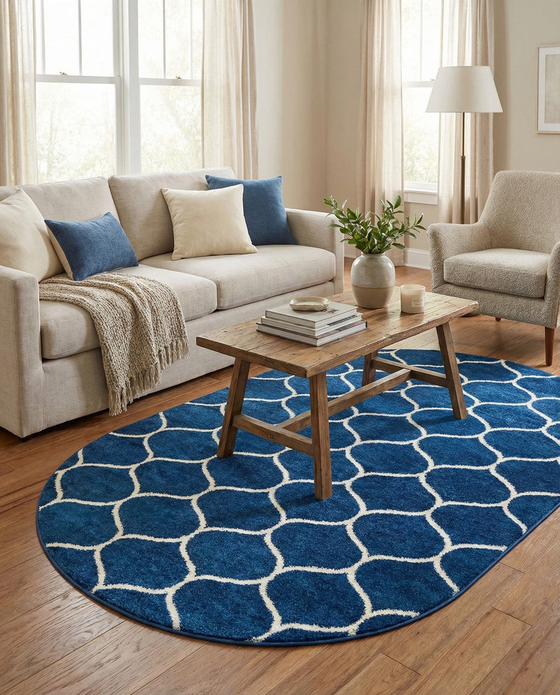 Trellis Mosaic Collection Area Rug -  Pergolatown (Navy Blue) Oval Navy Blue  lifestyle 43
