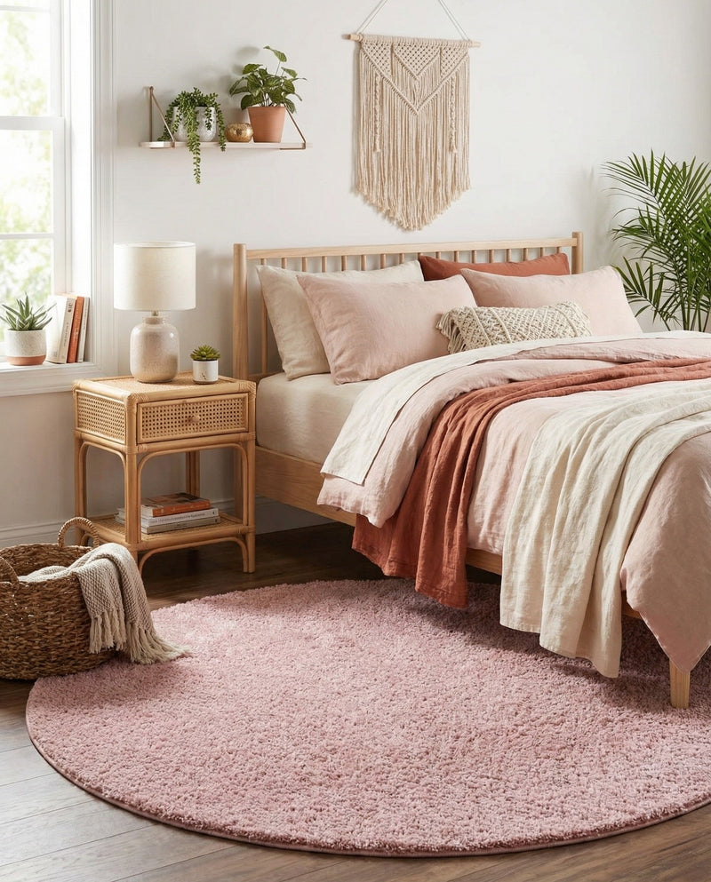 Cozy Comfort Shag Collection Area Rug - Haven (Pink) Round Pink  lifestyle 37