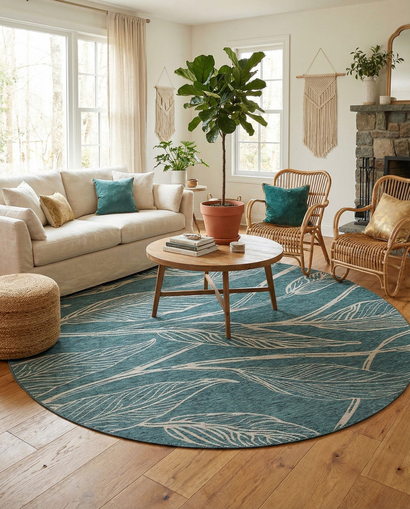 Seaside Blooms Collection Area Rug -  Evergreen (Teal) Round Teal  lifestyle 19