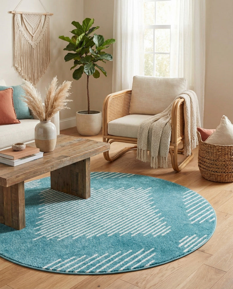 Seychelles Stripes Collection Area Rug - Mahe (Turquoise) Round Turquoise  lifestyle 41