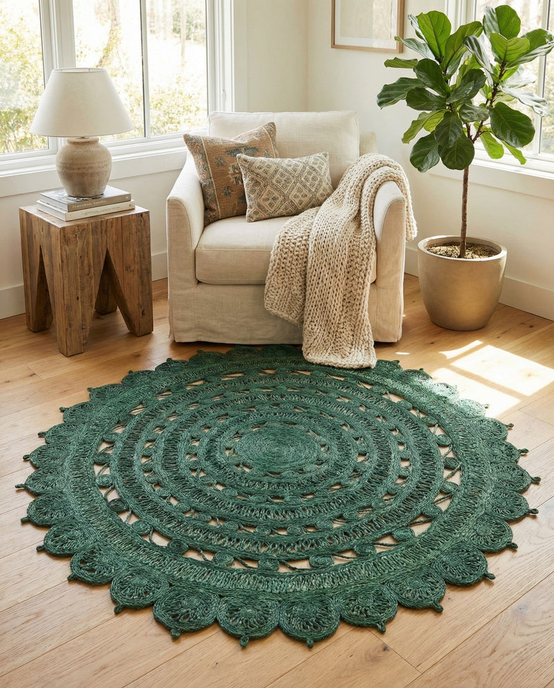 Woven Seaside Jute Collection Area Rug - Coastalhaven (Hunter Green) Round Hunter Green  lifestyle 32