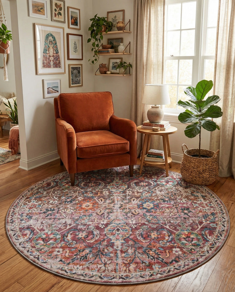Vintage Memories Collection Area Rug -  Flashback Round Ivory and Pink  lifestyle 45